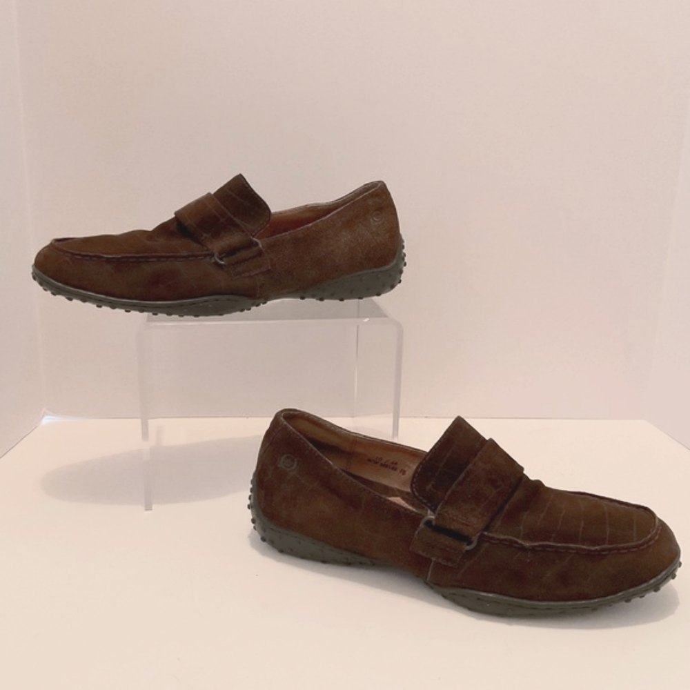 Born Loafer Shoes Sz 10 M Driving Moc Brown Suede Croc Embossed Leather Comfort